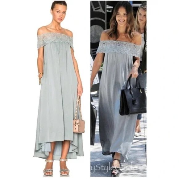 Self Portrait Bardot Lace Shouldered Maxi Dress Ice Grey Size 2 - Picture 2 of 12